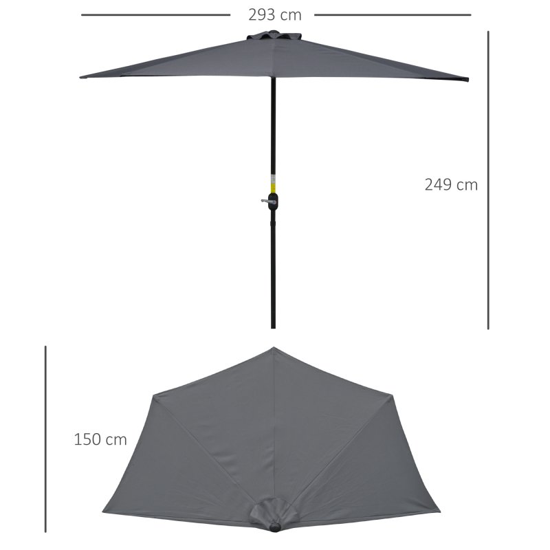 Outsunny 3(m) Half Parasol, Semi Round Umbrella with Metal Frame, Crank Handle for Balcony, Garden, Grey