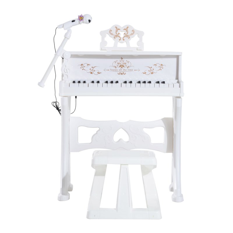 HOMCOM 37 Keys Kids Piano Mini Electronic Keyboard Light Kids Musical Instrument Educational Game Children Grand Piano Toy Set w/Stool & Microphone & Music Stand (White)