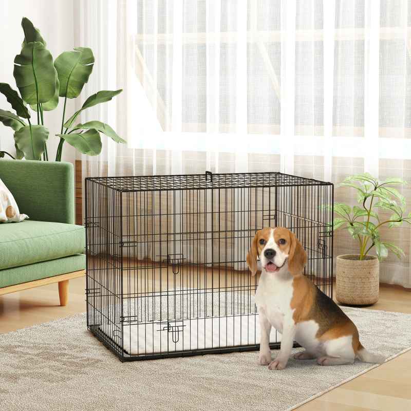 PawHut Dog Crate, Folding Metal Dog Cage with Two Doors, Tray, Soft Cushion, for Large Dogs, 91 x 62 x 68 cm, Black