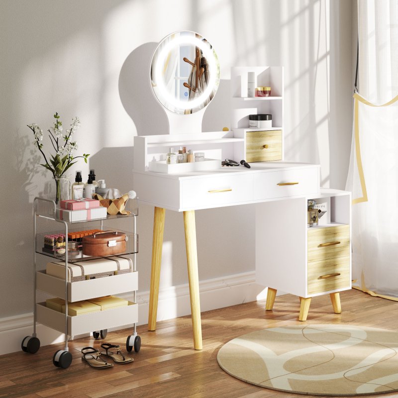 HOMCOM Dressing Table with Mirror, Vanity Table with Adjustable LED Lights, Makeup Desk with 5 Drawers and 5 Shelves, White