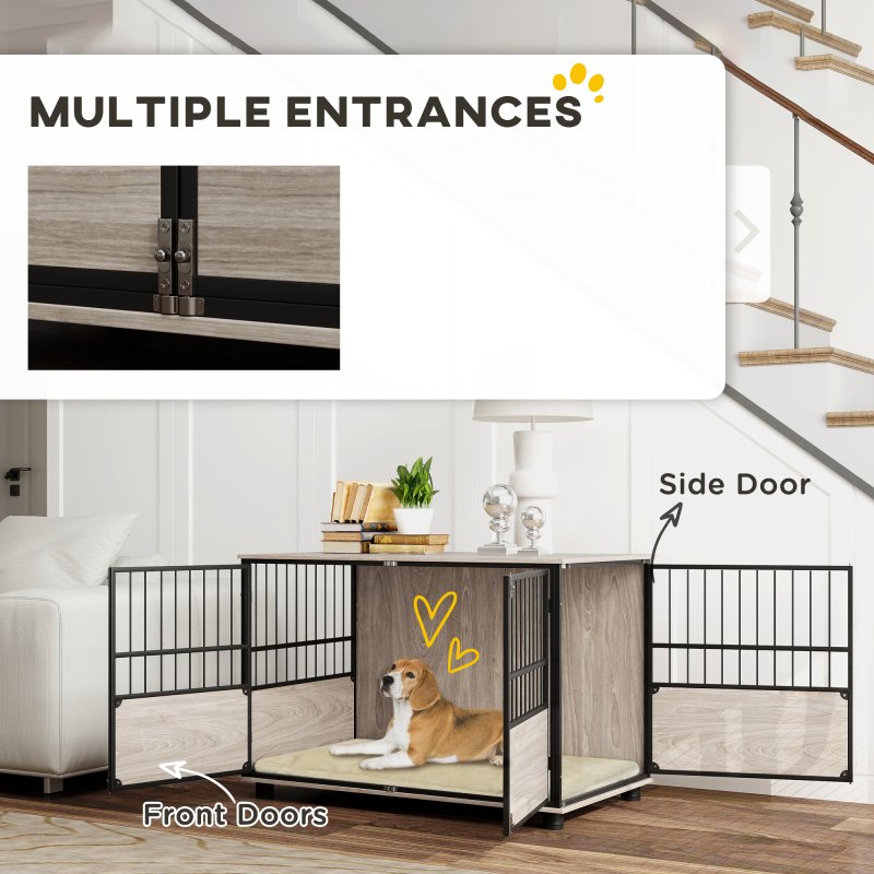 PawHut Dog Crate Furniture, Dog Cage End Table Indoor with 3 Doors, Furniture Style Dog Crate with Soft Washable Cushion, for Large Dogs, 100L x 60W x 68Hcm