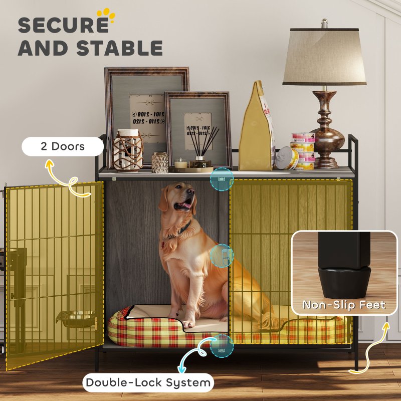 PawHut Dog Crate Furniture with 2 Rotatable Bowls, Dog Crate End Table with 2 Anti-Escape Doors, Storage Shelf, for Large Dogs, 100 x 60 x 88 cm, Grey