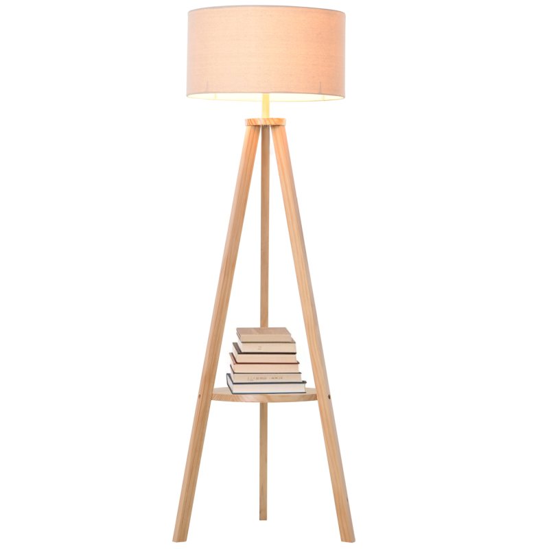 HOMCOM Tripod Floor Lamp, Freestanding Bedside Light Reading Light with Storage Shelf and Linen Shade for Living Room Bedroom, 154cm, Cream