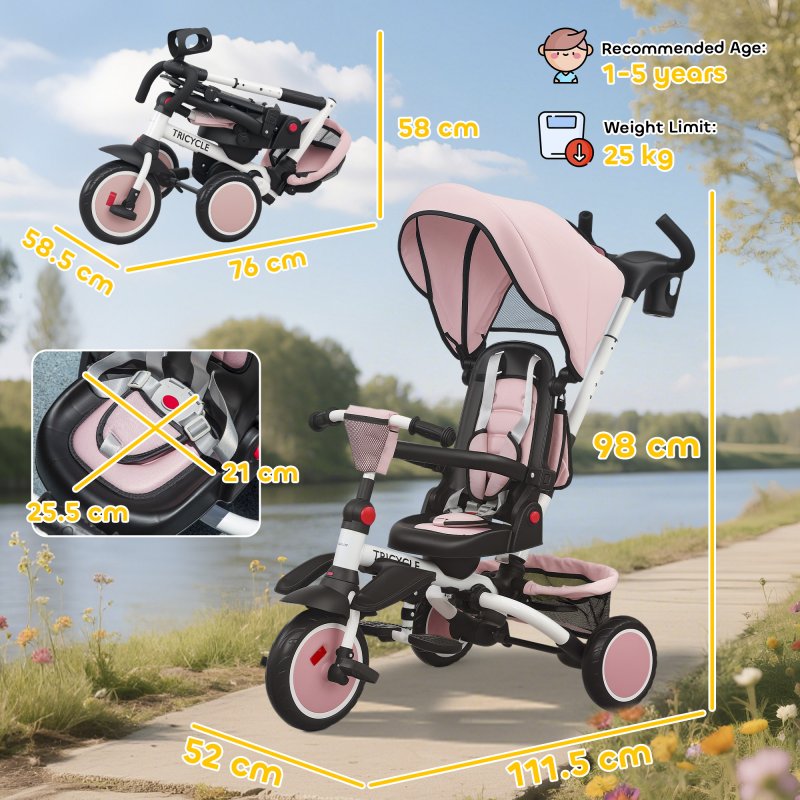 AIYAPLAY Kids Trike, 6 in 1 Toddler Tricycle with Adjustable Parent Handle & Canopy, Convertible Seat, for Ages 1-5 Years, Foldable Baby Trike with Safety Harness, Storage Basket & Bag, Pink
