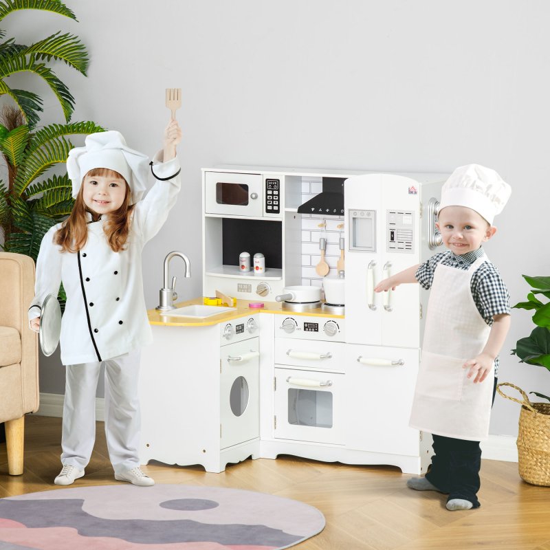 HOMCOM Toy Kitchen, Wooden Kids Kitchen with Realistic Refrigerator, Microwave, Oven, Range Hood, Sink, Telephone, Sounds, Storage Space, for 3-6 Years Old, White