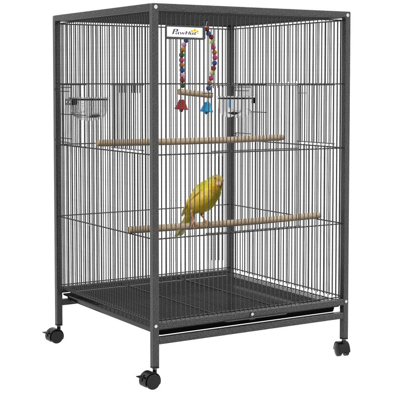 PawHut Bird Cage, Budgie Cage, Parrot Cage, with Rolling Stand, Stainless Steel Bowls, Swings, Removable Tray for Small Parrot, Budgie, Lovebird - Grey
