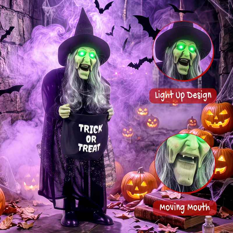 HOMCOM 94cm Animated Witch Halloween Decorations Outdoor Indoor, Scary Halloween Animatronics Decor with Sound Touch Activated, Candy Bag Prop with Light Up Eyes for House Garden Party
