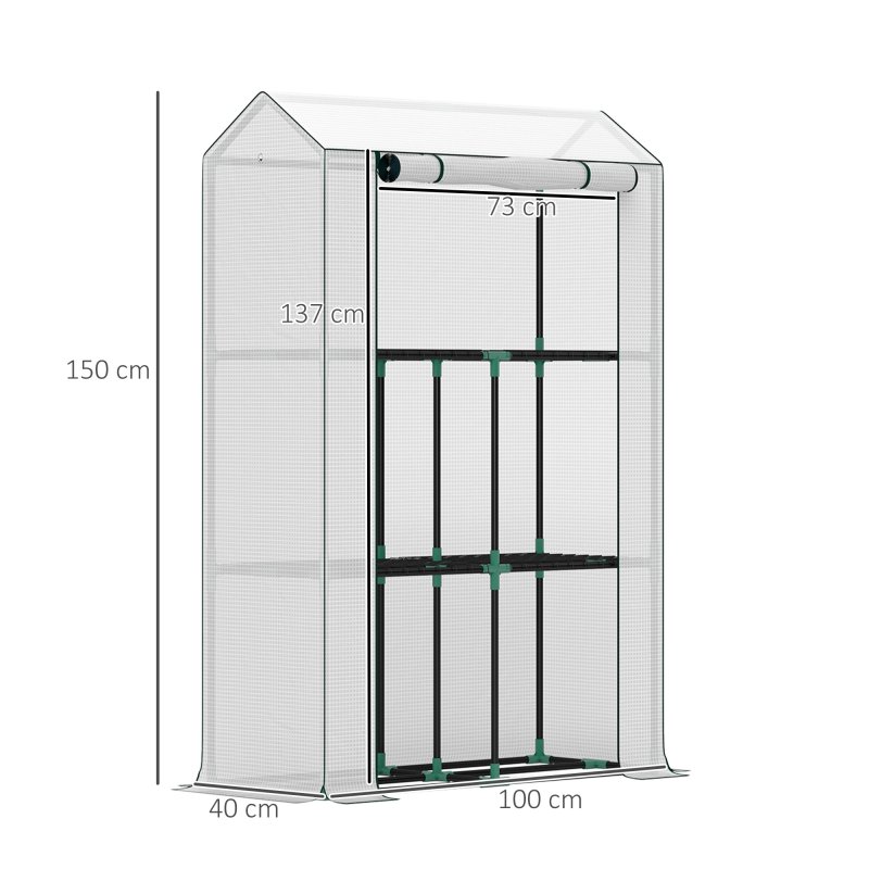 Outsunny 3 Tier Mini Greenhouse with Reinforced PE Cover, Portable Small Greenhouse with Roll-Up Door, 100 x 40 x 150cm, White