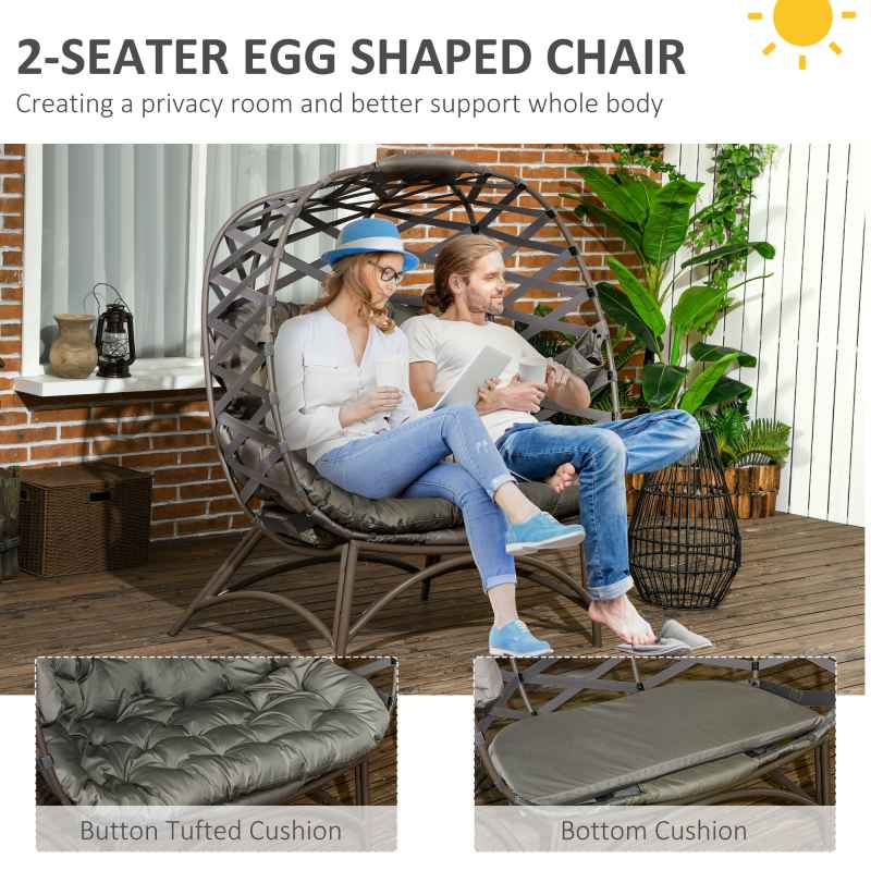 Outsunny Egg Chair Outdoor, 2 Seater Folding Weave Garden Furniture Chair with Cushion, Cup Pockets for Patio Balcony - Sand Brown