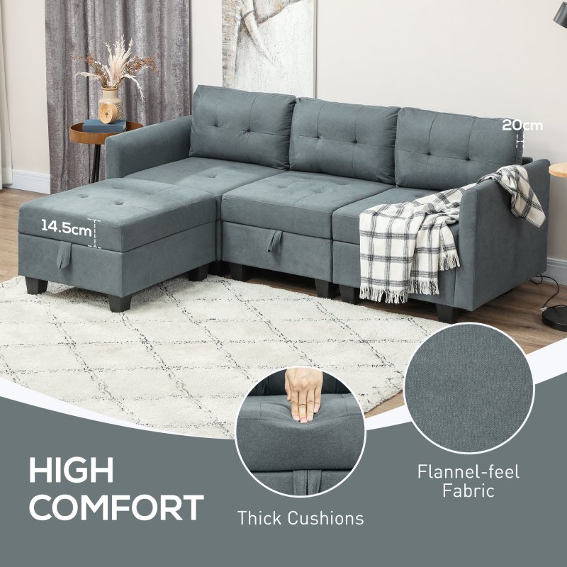 HOMCOM Convertible Modular Sectional Sofa with Storage, Tufted 3 Seater Sofa Set, L Shaped Couch with Ottoman, Wood Frame for Living Room, Dark Grey