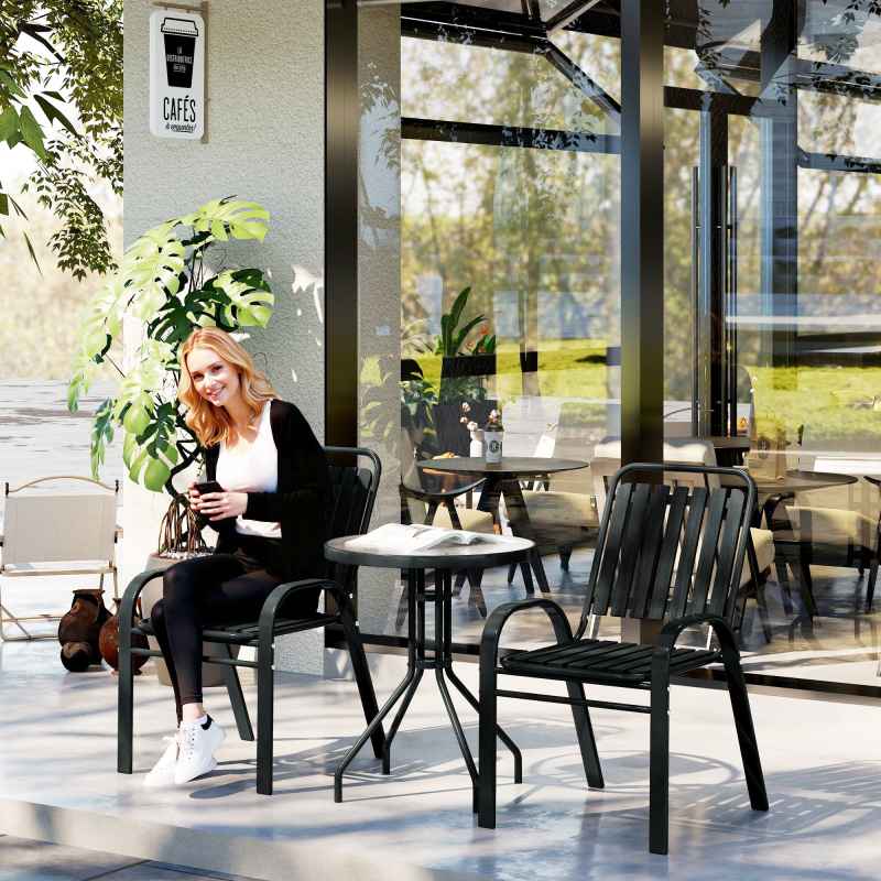 Outsunny 3 Pieces Patio Bistro Set, Garden Furniture Set with Stackable Chairs, Tempered Glass Table, Rust Resistant for Outdoor, Balcony, Patio, Garden, Charcoal Grey