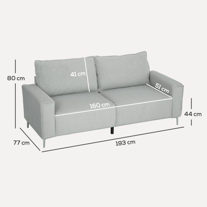 HOMCOM Modern 3 Seater Sofa with Spring Cushion, 193cm Fabric Sofa Couch with Back Pillows, Upholstered Corduroy Settee for Living Room, Bedroom, Home Office, Light Grey