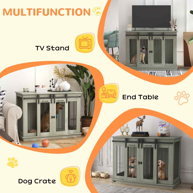 PawHut Dog Crate Furniture for Large Dog, Double Dog Cage for Small Dogs with Divider, Sliding Doors - Grey