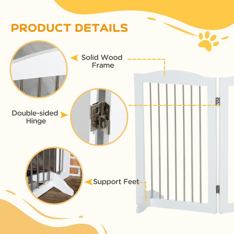 PawHut Foldable Dog Gate, Freestanding Pet Gate, Dog Barrier with Two Support Feet, for Doorways, Stairs, Halls - White