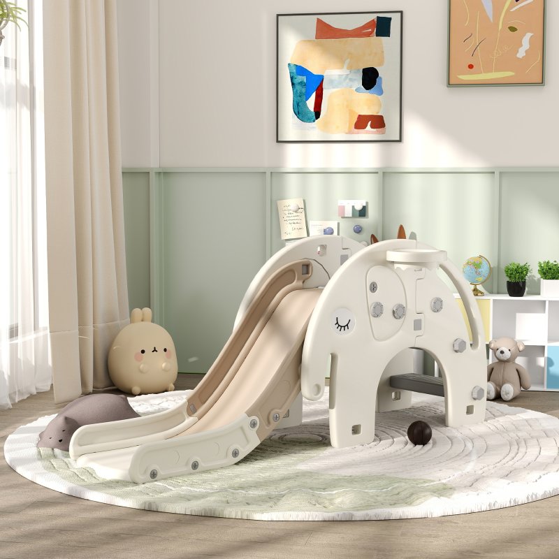 AIYAPLAY Kids Slide, 3 in 1 Toddler Slide with Basketball Hoop, Climber, Elephant-Themed Indoor Slide for 1-3 Years, Cream White