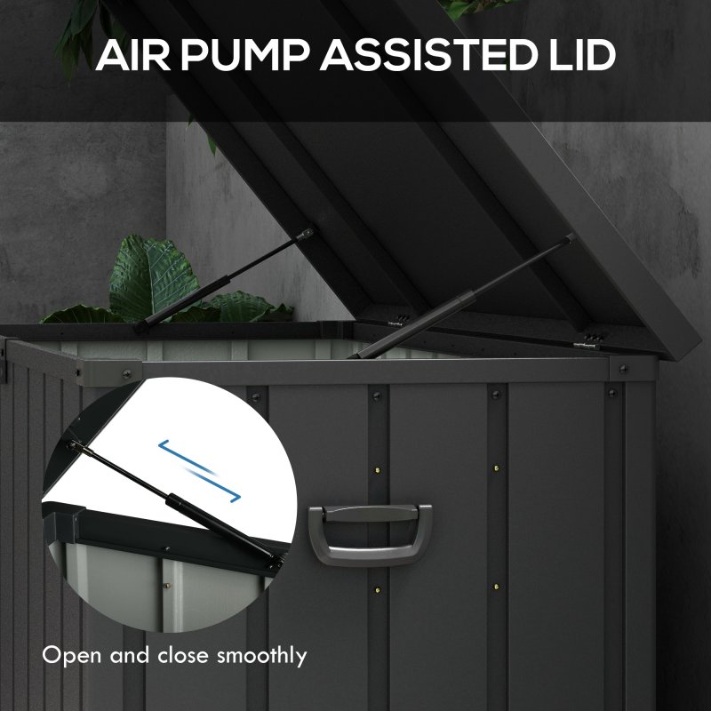 Outsunny 450 Litre Garden Storage Box, Outdoor Storage Box with Wheels and Handles, Lockable Galvanised Steel Outside Deck Box Organiser for Tools, Cushions, Dark Grey