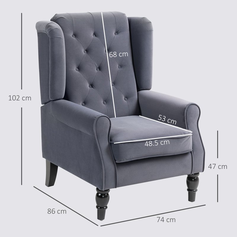 HOMCOM Retro Accent Chair, Velvet Wingback Armchair with Wood Frame Button Tufted Design for Living Room Bedroom, Charcoal Grey