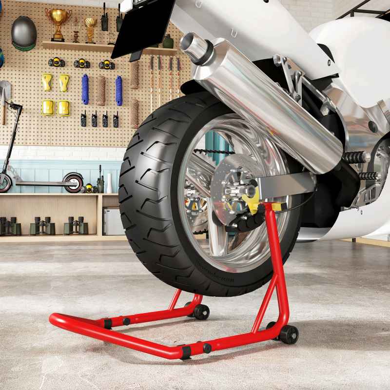 HOMCOM Motorcycle Rear Wheel Stand, 544 kg Capacity Heavy Duty Steel Motorbike Motorcycle Paddock Stand Lift with Adjustable U + L Forks, Wheels, Non-Slip Pads for Workshop Garage Repair, Red