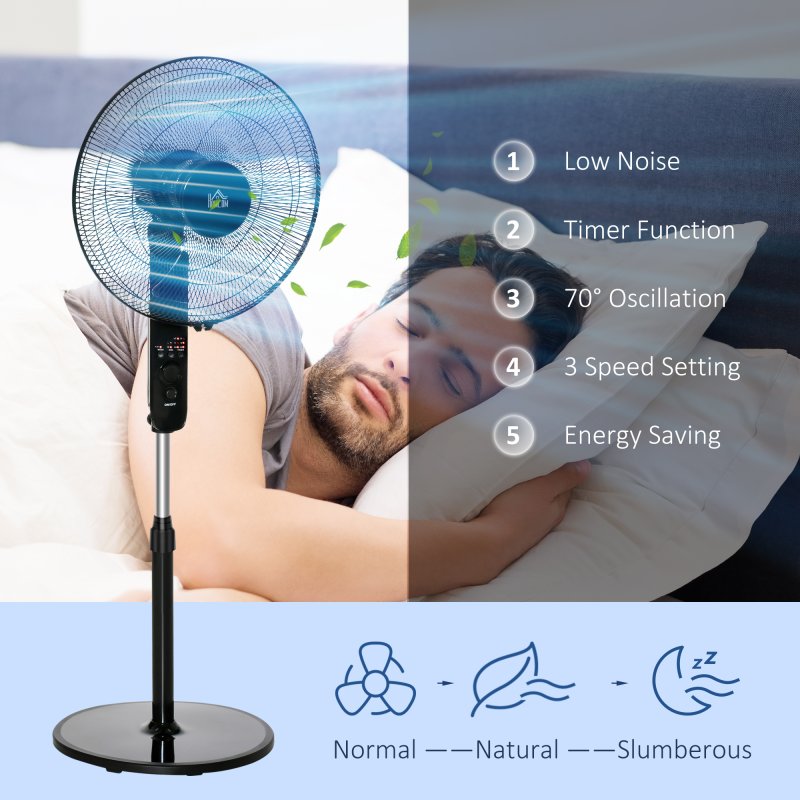 HOMCOM 18" Pedestal Fan with Sleep Mode, Oscillating Standing Fan with 3 Modes, Remote Control, Floor Fan with Adjustable Height, 3 Speed, 7.5-Hour Timer, Black