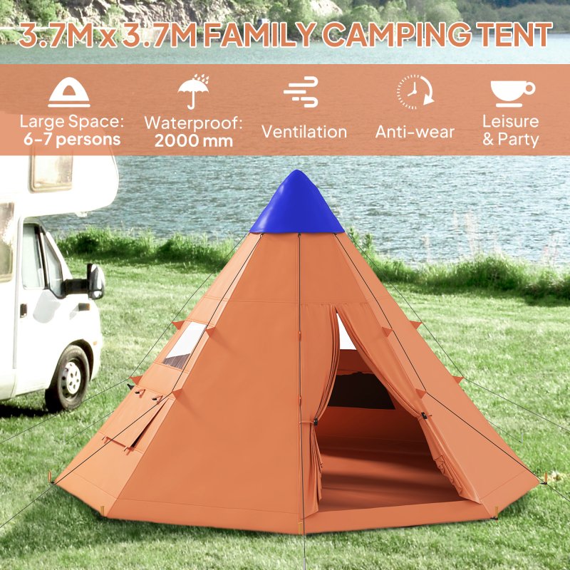 Outsunny 6 Men Tipi Tent, Camping Tent with Mesh Windows, Sewn-in Floor, Two Doors and Carry Bag, Easy Set Up, for Hiking Picnics Outdoor Night, Orange
