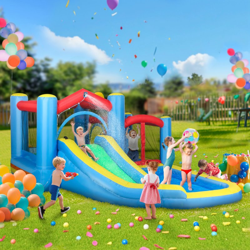 AIYAPLAY Bouncy Castle, Inflatable Bounce House with 550W Blower, Basketball Hoop, Long Slide, Dart Board, Carrying Bag, for Party, Park, Ages 3-8, 385 x 290 x 180 cm