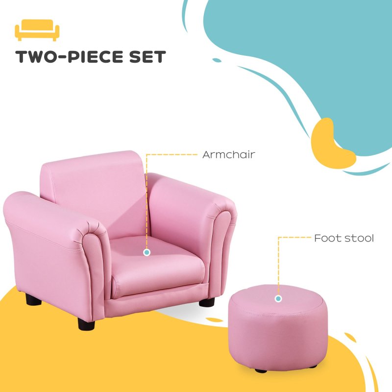 HOMCOM Children's Armchairs Toddler Chair Sofa Single Seater Childrens Armrest w/ Footstool - Pink