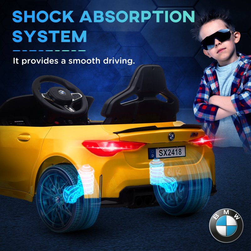 AIYAPLAY BMW M4 Licensed Electric Car for Kids, 12V Kids Electric Ride on with Remote Control, Suspension, Music, Horn, LED Lights, for Ages 3-5 Years, Yellow