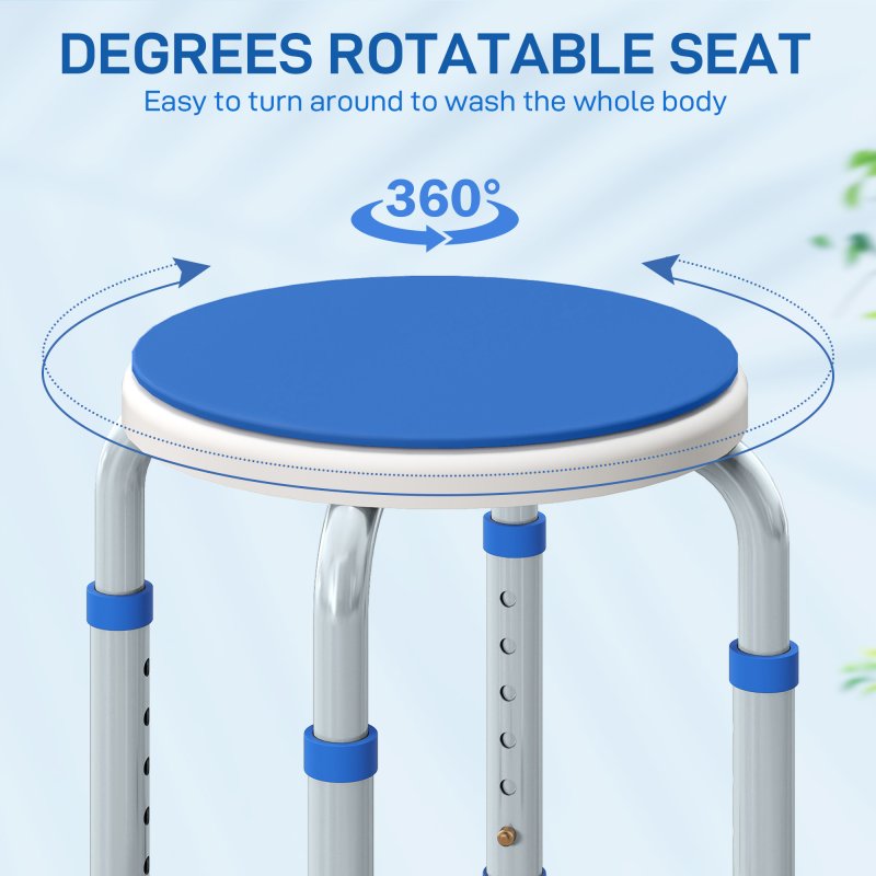 HOMCOM 360° Swivel Seat Bath Shower Stool, Adjustable Height Shower Chair with Aluminium Frame Non-Slip Feet Chair Safe Support Home Assistance, Blue