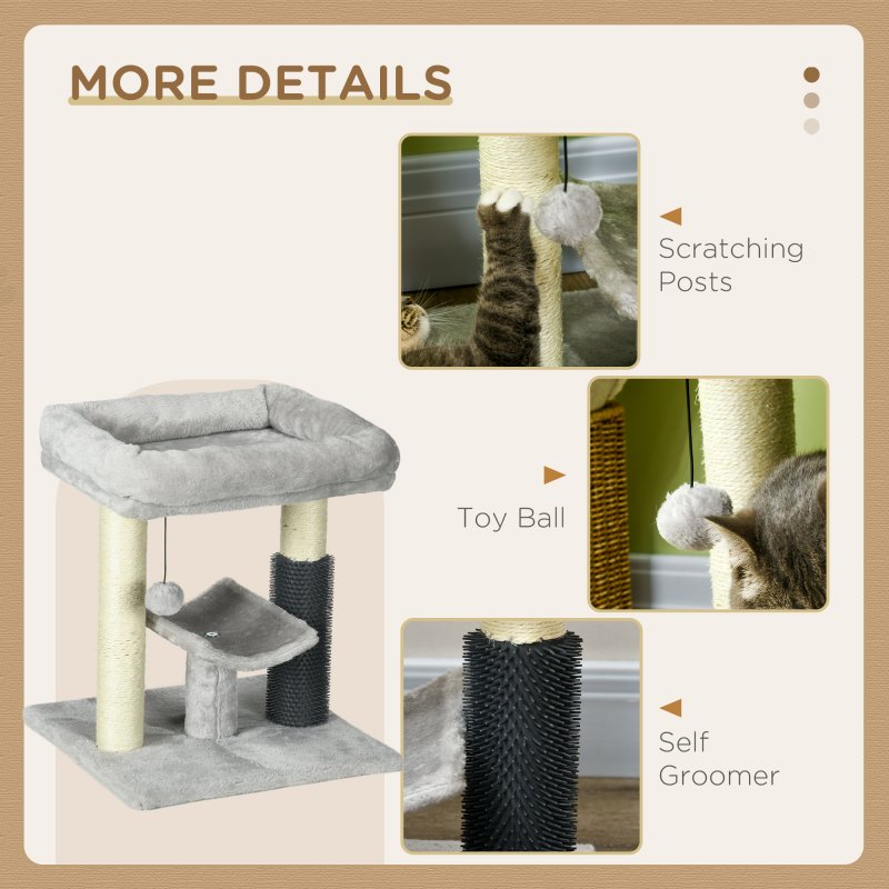 PawHut Small Cat Tree for Indoor Cats, Cat Scratching Post with Bed, Self Groomer, Toy - Grey