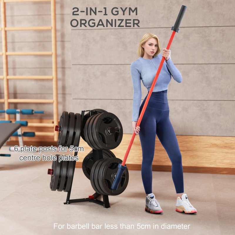 SPORTNOW Weight Rack, Weight Tree for 5cm Weight Plates and Barbell Bar with 6 Fasten Clamps for Home Gym Storage, 300kg Capacity