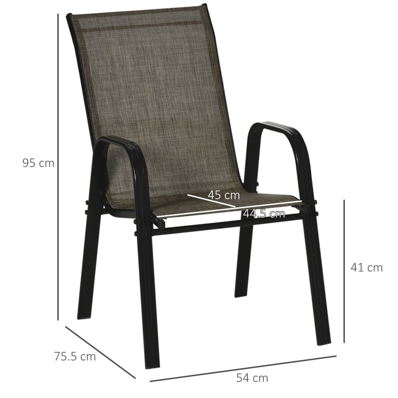 Outsunny 4 Pieces Garden Chairs, Stackable Outdoor Chairs with High Backrest and Armrest, Breathable Mesh Fabric Dining Chair Set of 4, Mixed Brown