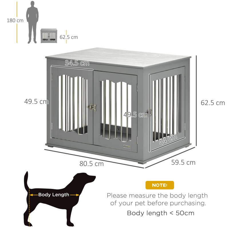 PawHut Dog Crate End Table with Three Doors, Furniture Style Dog Crate with Interchanged Side Door, for Medium Dogs, Indoor Use w/ Locks and Latches - Grey