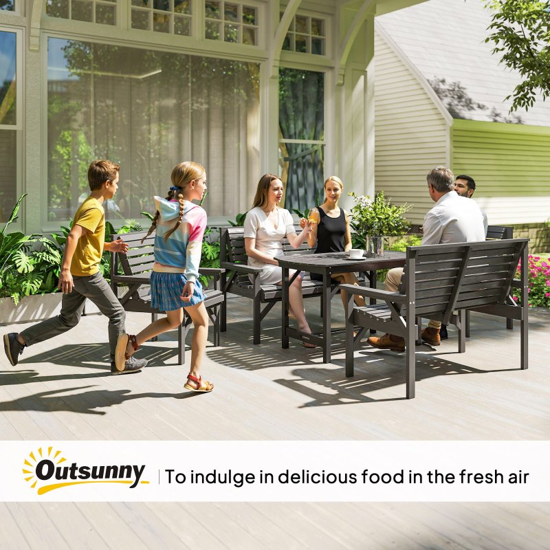 Outsunny 5 Piece Wooden Garden Dining Set for 6, Outdoor Conversation Set with 2 Armchairs, 2 Loveseats and Dining Table with Umbrella Hole for Patio, Balcony, Grey