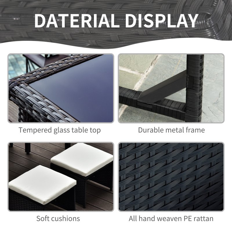 Outsunny 2 Seater Rattan Cube Garden Furniture Set, Rattan Dining Set with Cushions, Outdoor Dining Table and Chairs with 2 Armchairs, 2 Stools, Rectangular Glass Top Table for Patio, Balcony