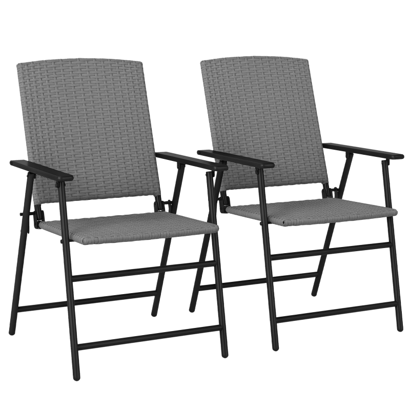 Outsunny Folding Garden Chairs Set of 2, PE Rattan Garden Dining Chairs with Armrests, High Back and Steel Frame, Weather Resistant Outdoor Dining Furniture for Patio, Balcony, Grey