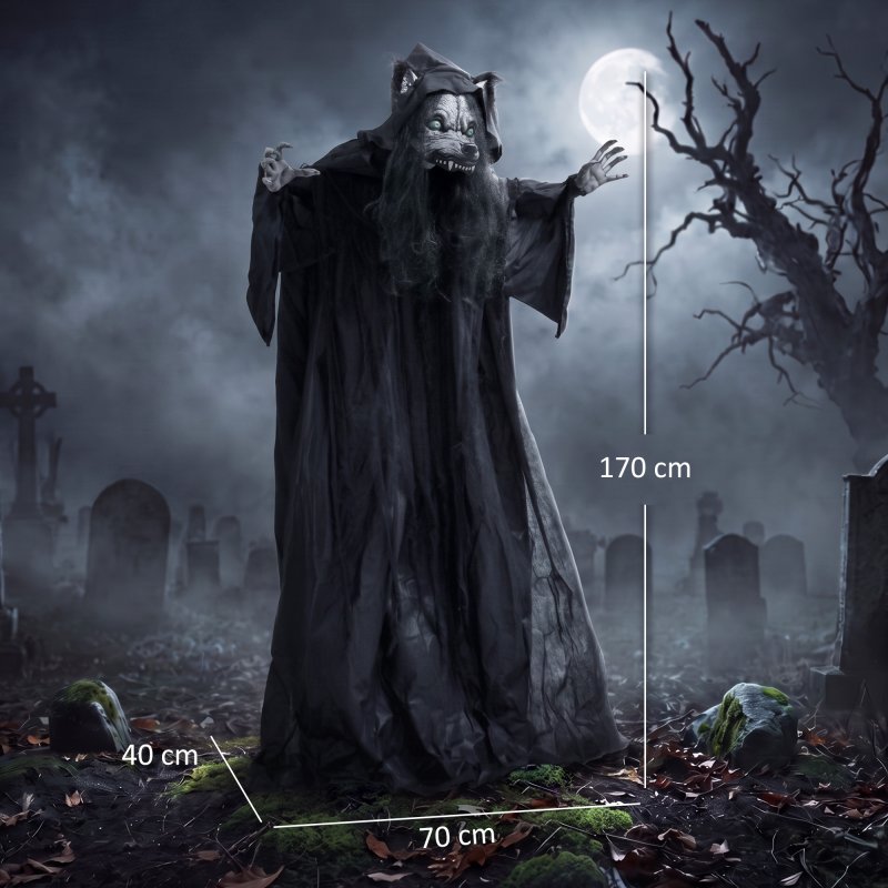 HOMCOM 170cm Life Size Animated Pop-Up Ghost with Werewolf Mask, Halloween Decorations Outdoor Indoor, Scary Halloween Animatronics Decor with Sound Touch Activated, Light Up Animated Prop