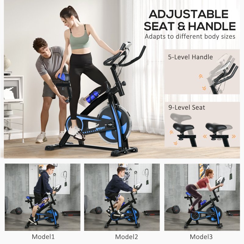 SPORTNOW Indoor Exercise Bike, Stationary Bike, Cycling Machine with Adjustable Seat and Resistance, Heart Rate Sensor, for Home Gym Workout, 8kg Flywheel, Blue