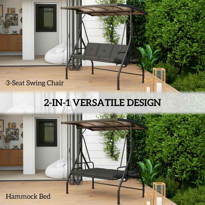 Outsunny 3 Seater Garden Swing Seat Bed with UPF30+ Adjustable Canopy, Convertible Swing Chair with Cushion, Outdoor Hammock Bench with Cup Trays for Balcony Patio, Black