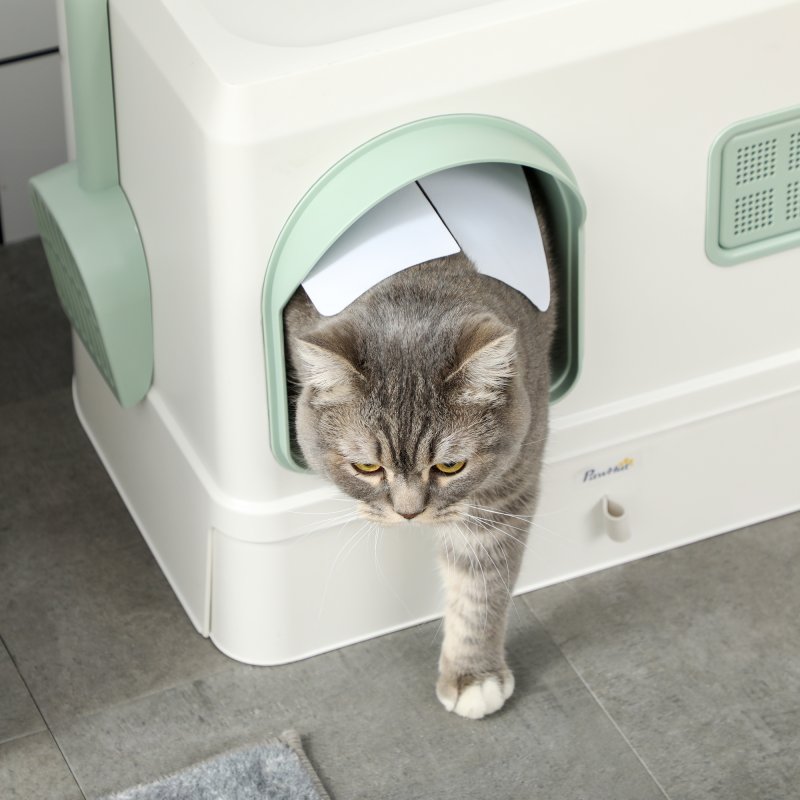 PawHut Cat Litter Box with Drawer Pan, Hooded Cat Litter Tray with Scoop, Deodorants, Front Entrance, 50 x 40 x 40cm - White