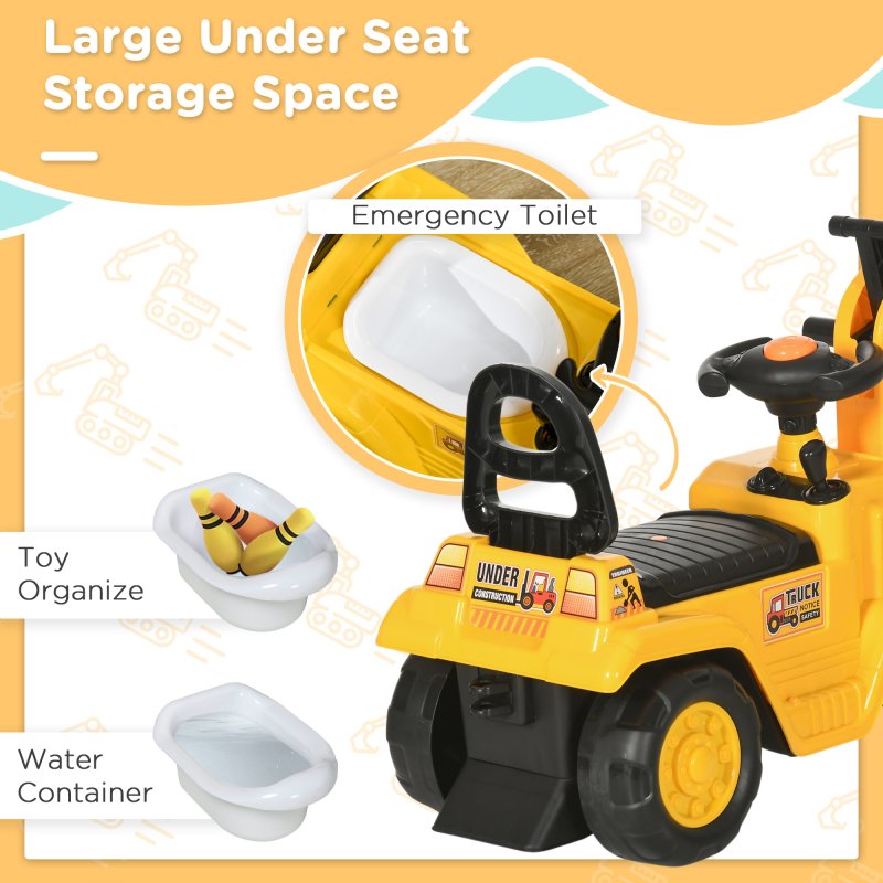 HOMCOM Ride On Tractor, 2 in 1 Kids Ride On Digger Pull Cart with Bucket, Under Seat Storage, Horn, High Backrest, Ride On Toy for 1.5-4 Years, Yellow