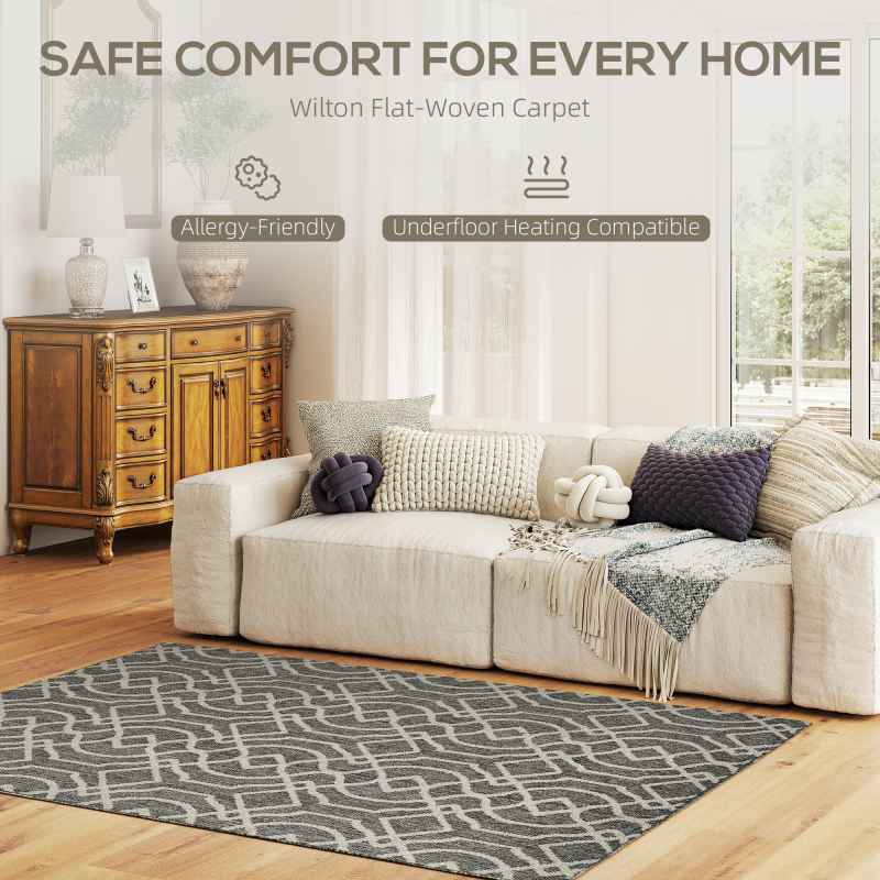 HOMCOM UV Resistant Indoor & Outdoor Area Rug, Easy-Cleaning Machine Washable Rug with Geometric Pattern for Patio, Garden, Kitchen, Bathroom or Living Room, 170 x 120 cm, Grey