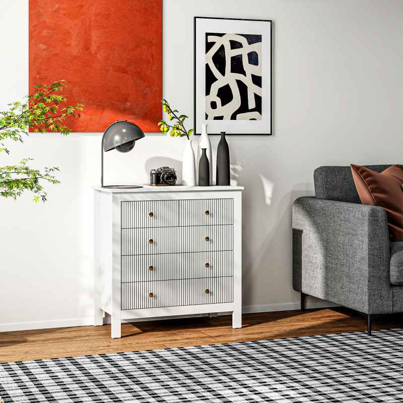 HOMCOM Bedroom Chest of Drawers, Fluted 5 Drawer Dresser with Gold Tone Handles for Living Room, Hallway, Entryway, 79 x 39.5 x 81cm, White