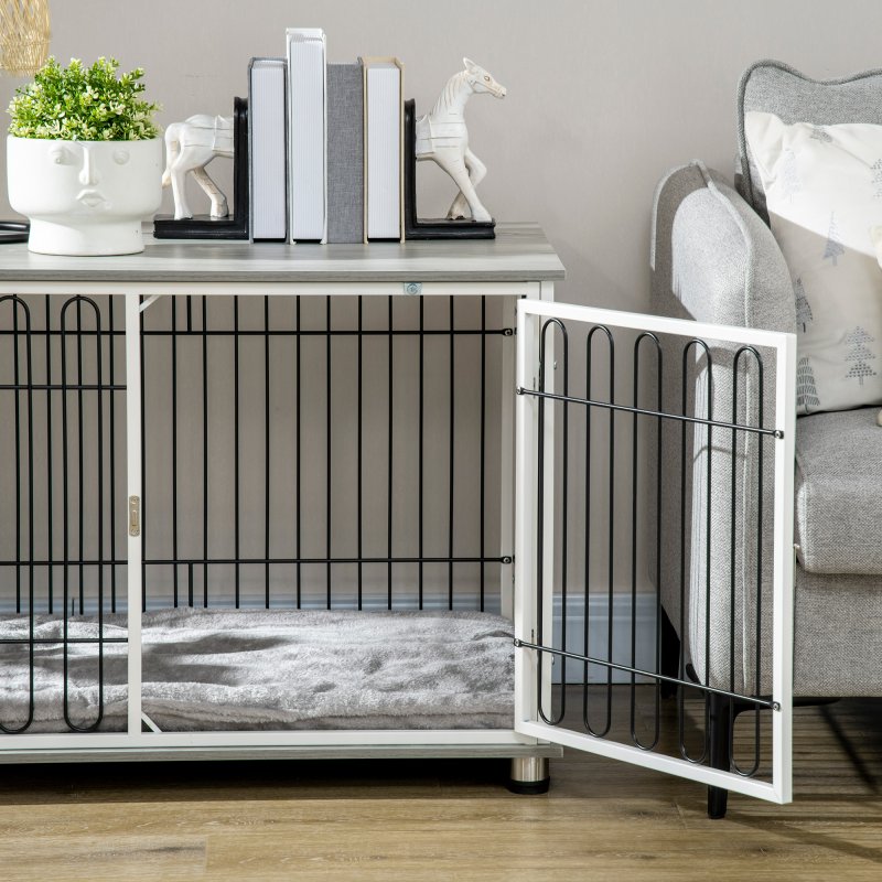 PawHut Dog Crate Furniture, Indoor Dog Kennel Side End Table w/ Soft Washable Cushion, Lockable Door, for Small and Medium Dogs