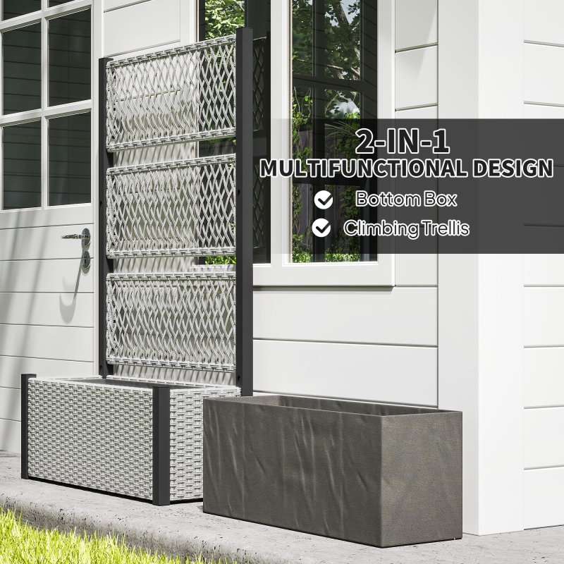 Outsunny Garden Planter Box with Trellis, Liner, Rattan Raised Bed, Trough Planter with Topped Trellis for Climbing Plants, Vegetables, Flowers, 90 x 35 x 148 cm, Mixed-grey