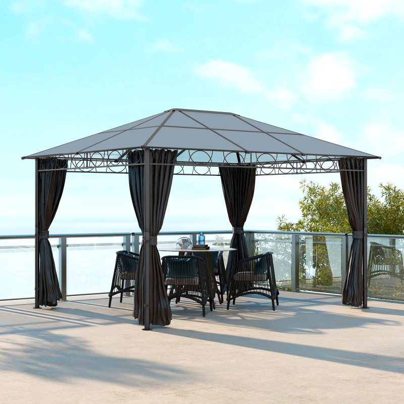 Outsunny 3 x 4m Hardtop Gazebo Canopy with Polycarbonate Roof, Permanent Pavilion Garden Gazebo with Curtains for Patio, Deck, Grey