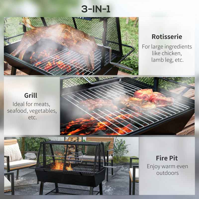 Outsunny 3-in-1 BBQ Rotisserie Grill Roaster Fire Pit with Storage Shelf, Mesh Lid and Poker, Charcoal Chicken Spit Roast Machine with Waterproof Cover for Outdoor Picnic Camping, Black