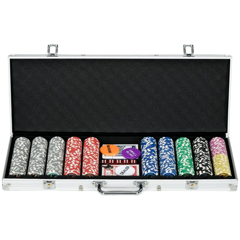 SPORTNOW 500-Piece Poker Chips Set with Aluminium Case, Holdem Poker Set with Mat, 11.5g Numbered Poker Chips, Two Decks of Cards, Dealer, Five Dices