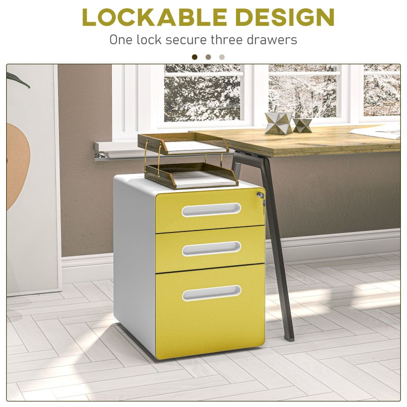 Vinsetto Lockable File Cabinet with 3 Drawers, Vertical Office Drawer for A4, Letter, Legal Size, Anti-tilt Design, Pre-Assembled Body, Yellow