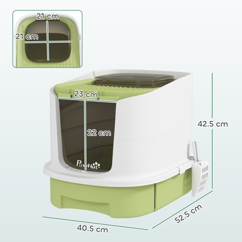 PawHut Cat Litter Tray with Lid, Cat Litter Box with Deodorisation Bags, Scoop, Top Entry, Litter Tray with Drawer Pan, Green