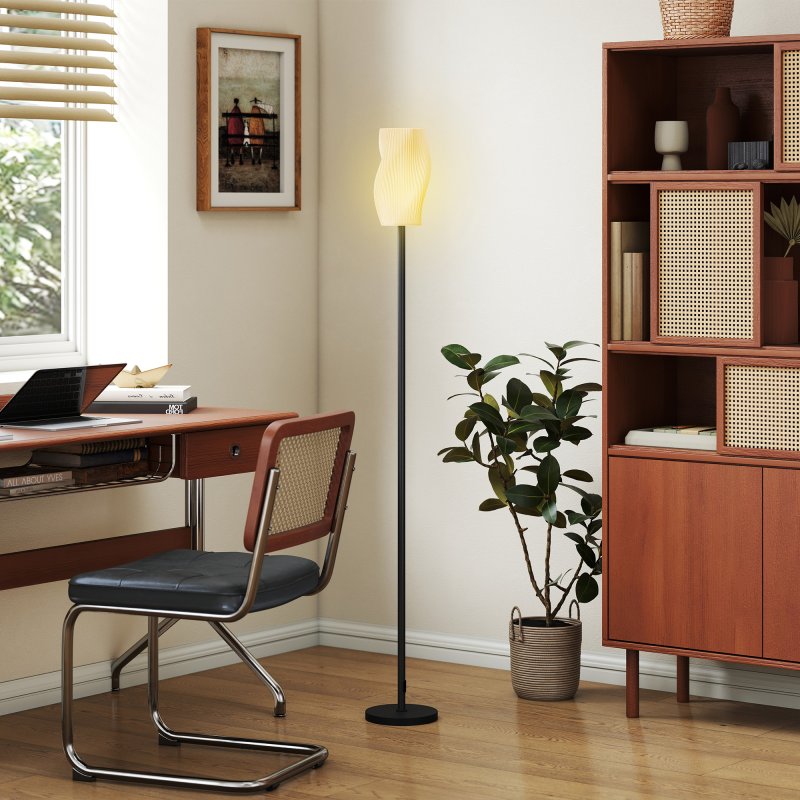 HOMCOM Floor Lamp for Living Room, 3D Printed Modern Standing Lamp with Flowing Curved Shade & Foot Switch, Minimalist Tall Pole Lampshade for Bedroom, Office, E27 Holder without Bulb (25W Max), White